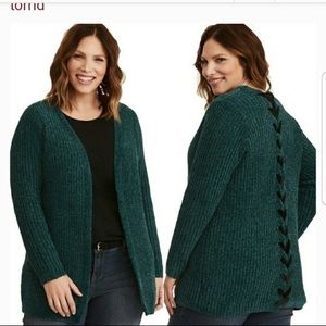 Chenille green lace up cardigan